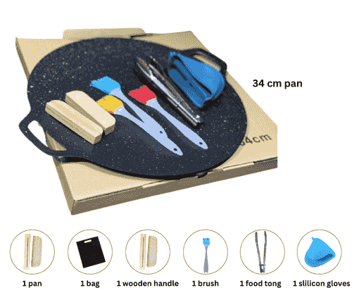 Grill pan, round stovetop pan, non-stick  pan SET (34 cm) includes, gloves, handle, brush, tong, bag