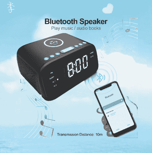 Digital Alarm Clock for Bedroom, 10W Wireless Charging and USB Charger, Bluetooth Speaker, Dual Alar