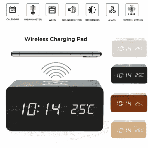 Multifunctional Alarm Clock Wireless Charger Thermometer Smart Home Wood Alarm Clock Charge Apple/hu