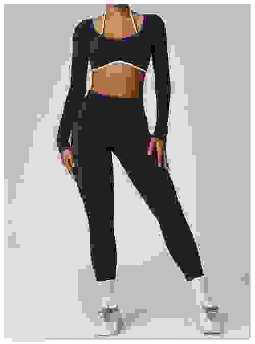 Women's Yoga Long Sleeve With Pad Sets Backless Sports Crop Top and Leggings Sets