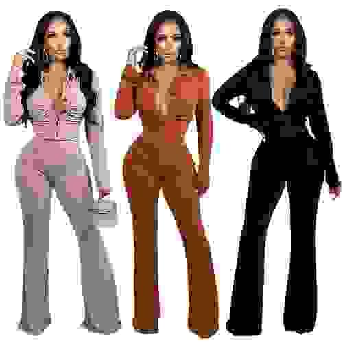 Classic Women Fall Stacked Design Long Sleeve Button and Flared Pants Velvet Two Pieces Set