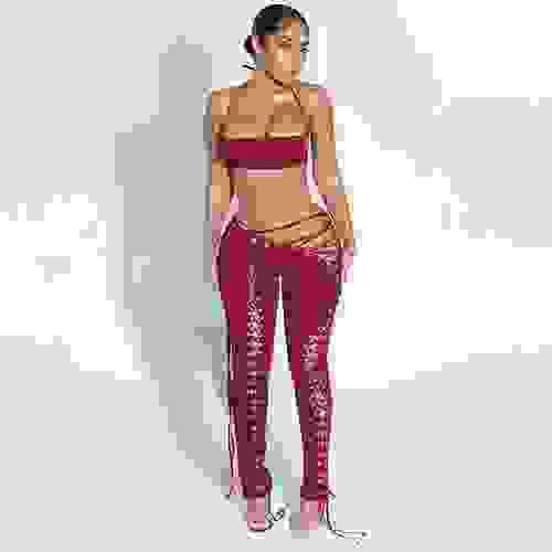 New Sexy Neck Wrapping Chest Machine Eye Strap Hollow Pants Two Piece Set