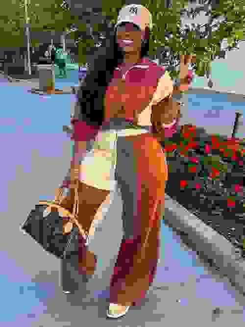 Women Patchwork Design Fall Two Pieces Set