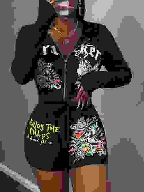 Women Black Printed Zipper Hoodie Short Set (Factory Price)
