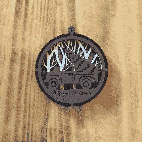 2 Layered Truck and Tree Laser Engraved Wood Ornament - "Merry Christmas"