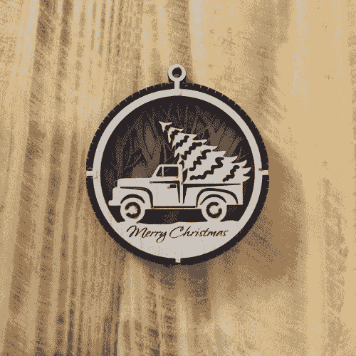2 Layered Truck and Tree Laser Engraved Wood Ornament -"Merry Christmas"