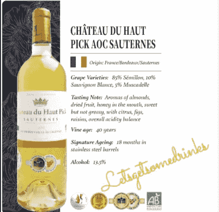 Chateau Du Haut Pick Sauternes 2018 0.75L 14%