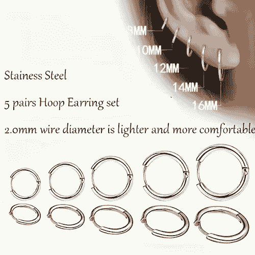 Stainless Steel Hoop Earrings Set 5 Pairs