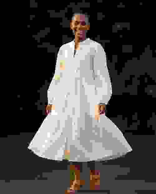 Women's Tiered Peasant Dress with Lace Inserts, Off White, Size Large