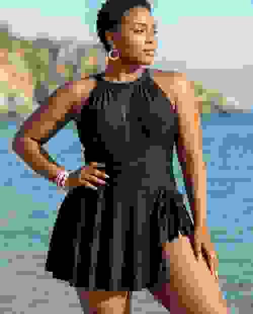 Plus Size Halter Ruched Sleeveless Swim Dress
