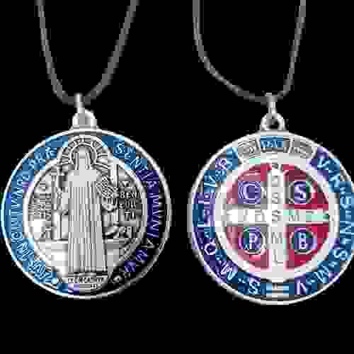 2" Saint Benedict Medal, Blue Enamelled on a Brown Cord.