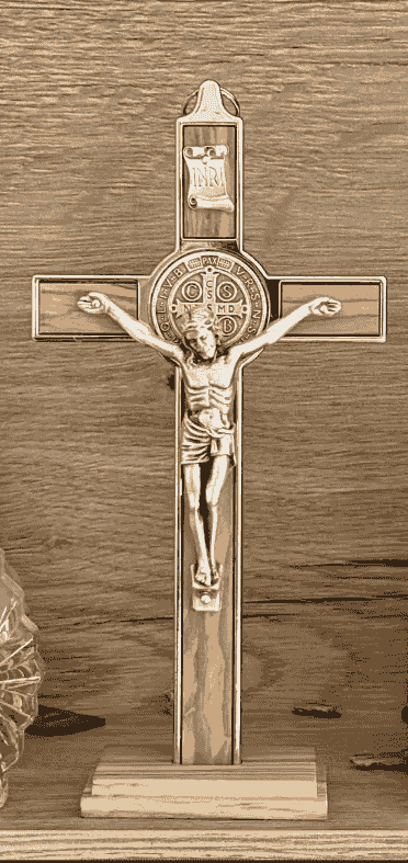 Standing Olive Wood Saint Benedict Crucifix, 20 cm.  