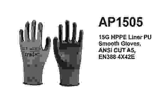 AP1505 15G HPPE Liner PU Smooth Coated Gloves, ANSI CUT A5,EN3884X42E