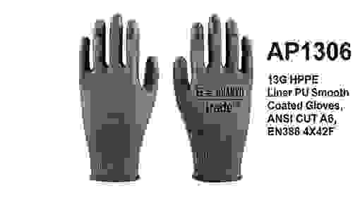 AP1306 HPPE LinerPu Smooth Coated Gloves,ANSI CUT A6,EN388 4X42F