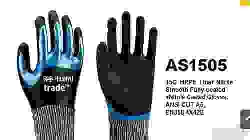 AS1505 15G HPPE Liner Nitrile Smooth Fully coated+Nitrile Sandy Coated Gloves,ANSI CUT A5,EN388 4X42