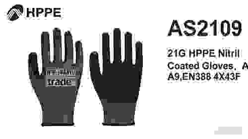AS2109 21G HPPE Nitrile Sandy Coated Gloves,ANSI CUT A9,EN388 4X43F