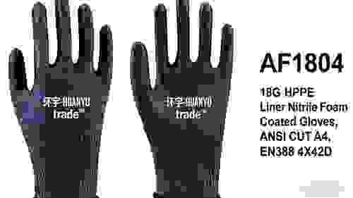 18G HPPE LINER NITRILE FOAM COATED GLOVES,ANSI CUT A4,EN388 4X42D
