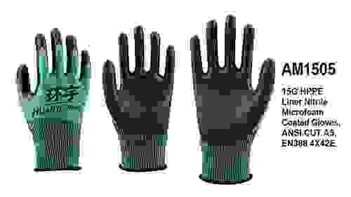 AM1505 15G HPPE Liner Nitrile Microfoam Coated Gloves,ANSI CUT A5,EN3884X42E