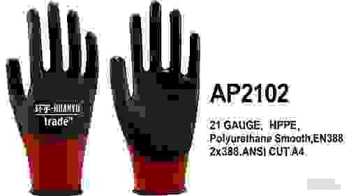 AP2102 21G,HPPE,Polyurethane Smooth,EN388 2X31b,ANSI CUT A4