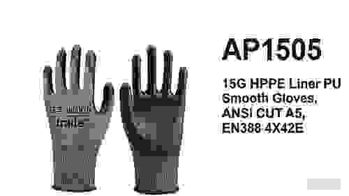 AP150 15G HPPE Liner PU Smooth Coated Gloves, ANSI CUT A5,EN3884X42E