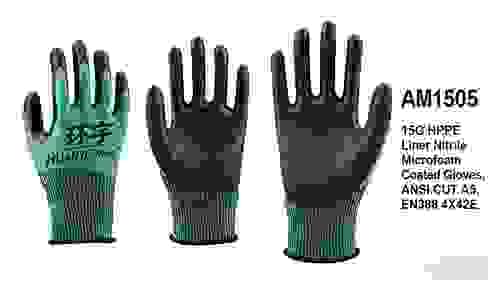 AM1505 15G HPPE Liner Nitrile Microfoam Coated Gloves,ANSI CUT A5,EN3884X42E