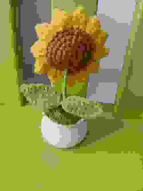 Sunflower crochet pot with leaves
