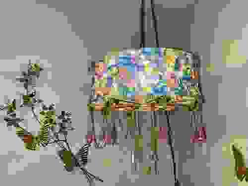 Handmade Vintage Fabric Swag Lamp w/ Antique Chandelier Crystals "Opal" Unique Lighting Cottagecore 
