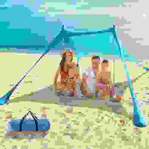 All-in-One Pop-Up Beach Tent Canopy – UPF50+ Lycra Sun Shade with 4 Stability Poles, Beach Mat, Towe