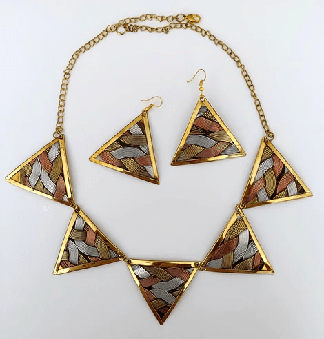 Wire Necklace & Earring Set- Tri Tone Triangle
