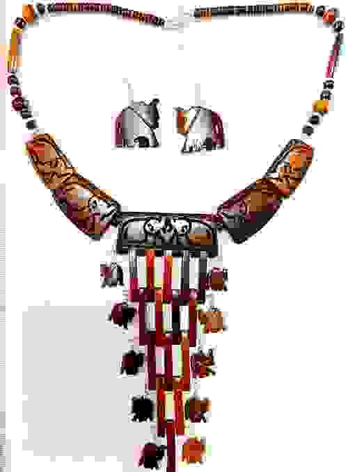Natural Carved Wood Necklace & Earrings Set