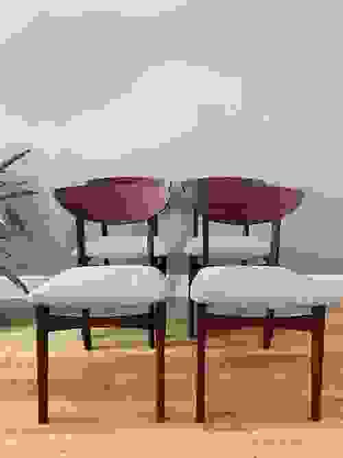 SOLD Mid-Century Modern Set of 4 Teak Butterfly Back Dining Chairs in Taupe Fabric