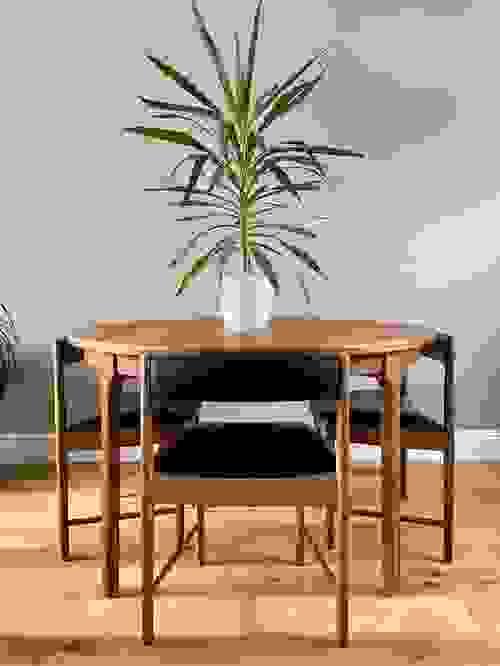 SOLD McIntosh 1960s Round Dining Table with Set of 3 Black Vinyl Chairs