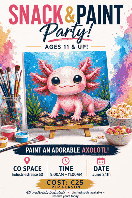Snack & Paint Party - Paint an Adorable AXOLOTL! - June 24th 9am to 11am