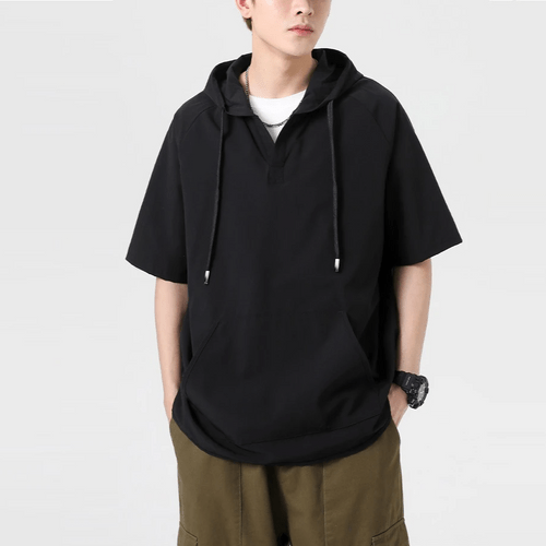 韓系輕身V領前袋 鬆身短袖連帽 T-Shirt [SBT-1129]