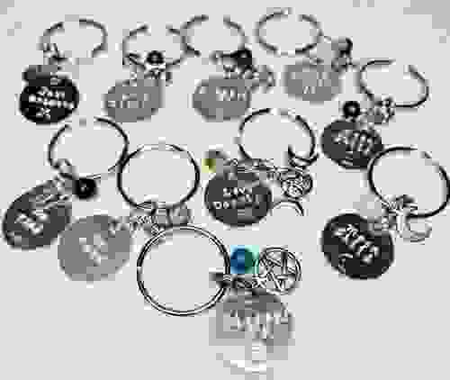 Keychains - Metal Stamped - Round with Gemstone and Charm
