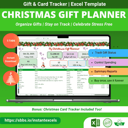 Christmas Gift Planner | Gift Tracker | Excel Template