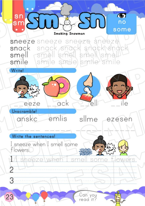 Smoking Snowman CP3 Worksheet – sm/sn Sound Practice (P23–24 + Bonus Pages)