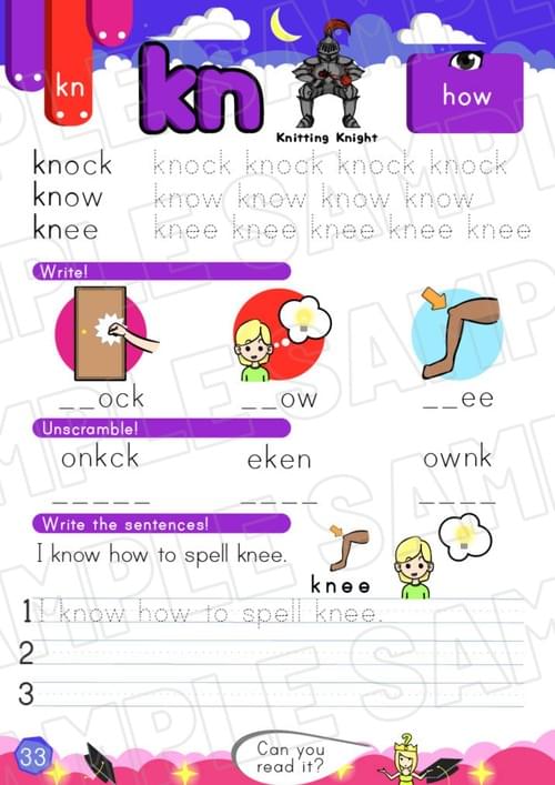 Knitting Knight CP4 Worksheet – kn Sound Practice (P33-34 + Bonus Pages)