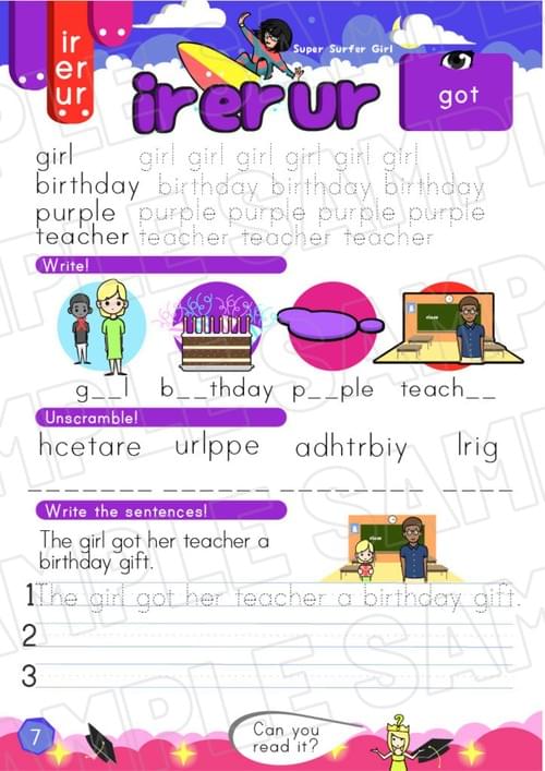 Super Surfer Girl CP4 Worksheet – ir/er/ur Sound Practice (P7-8 + Bonus Pages)