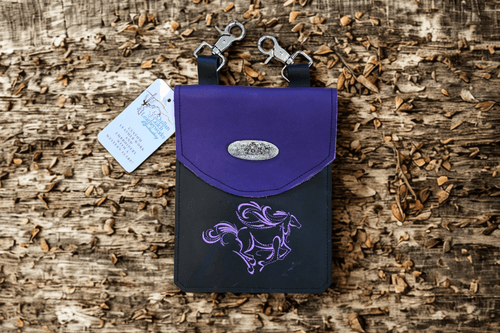 Black and purple hip bag with embroidered horse.
