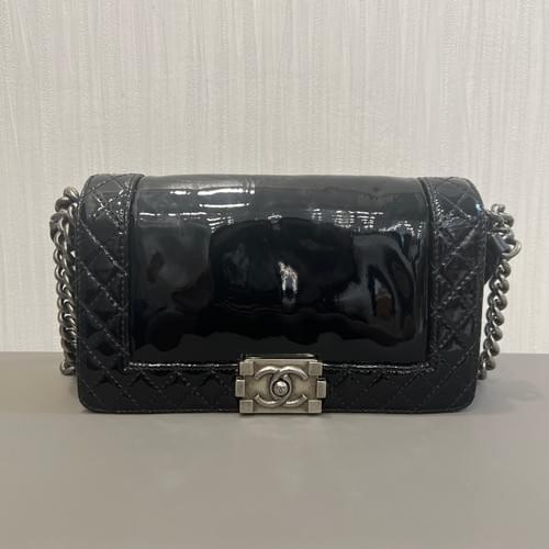 CHANEL Black & Silver Patent Leather Le Boy Bag