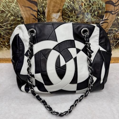 Chanel Lambskin CC Patchwork Shoulder Bag Black White