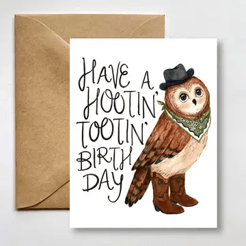 Cowboy Owl Birthday Greeting Card - "Have a Hootin' Tootin' Birthday"