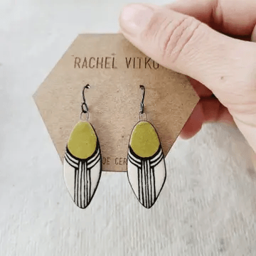 Hand Painted Ceramic Dangle Earrings, Chartreuse Green - Rachel Vitko Pottery