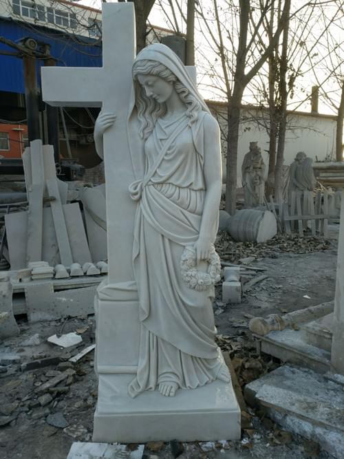 Religious hand carved white marble statue outdoors life size Mary statue