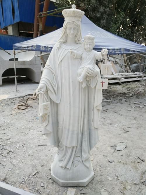 Religious hand carved white marble Mary statue with a child for church usage