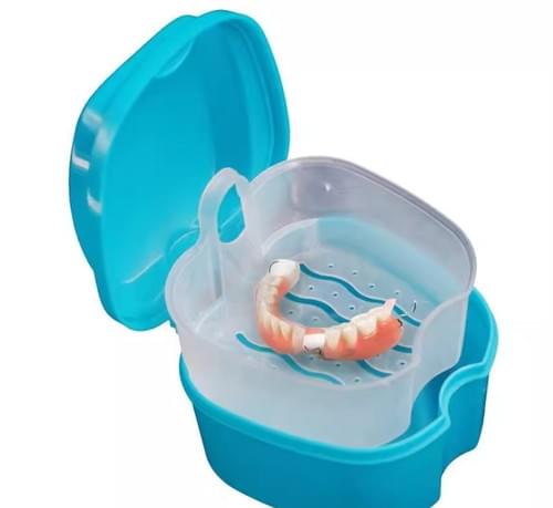 Denture Bath Case Cup with Strainer Basket Retainer Cleaner Case Dental False Teeth Contain