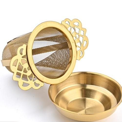 Luxury Tea Strainer Basket Gift Set - Gold Plated Infuser with Engraved Floral Motifs, Crystal Accen