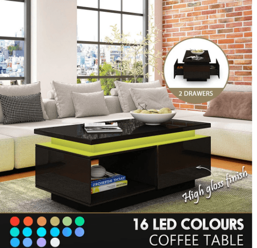 Coffee Table LED Lighted Storage Cabinet High Gloss 2 Drawers Modern Furniture Black