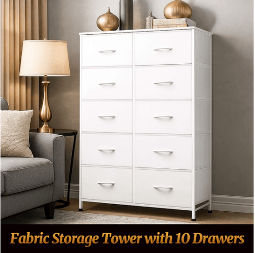 Chest of 10 Drawers Double Dressers Tallboy Fabric Bins White